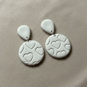 Heart Geometric Drop Studs - Handmade Clay Earrings - Pure White